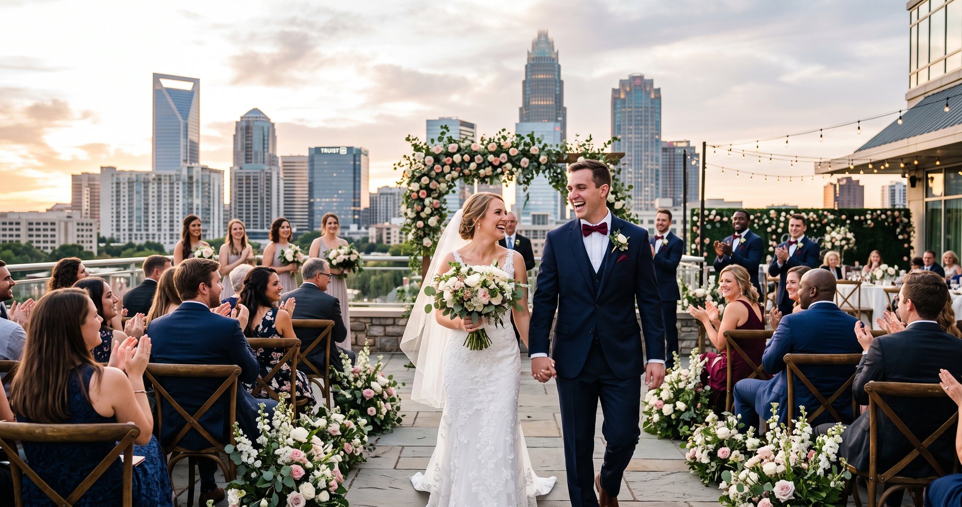 Best wedding planner in Charlotte, NC — wedding planners and a wedding coordinator celebrating with a bride and groom after a beautifully organized wedding ceremony